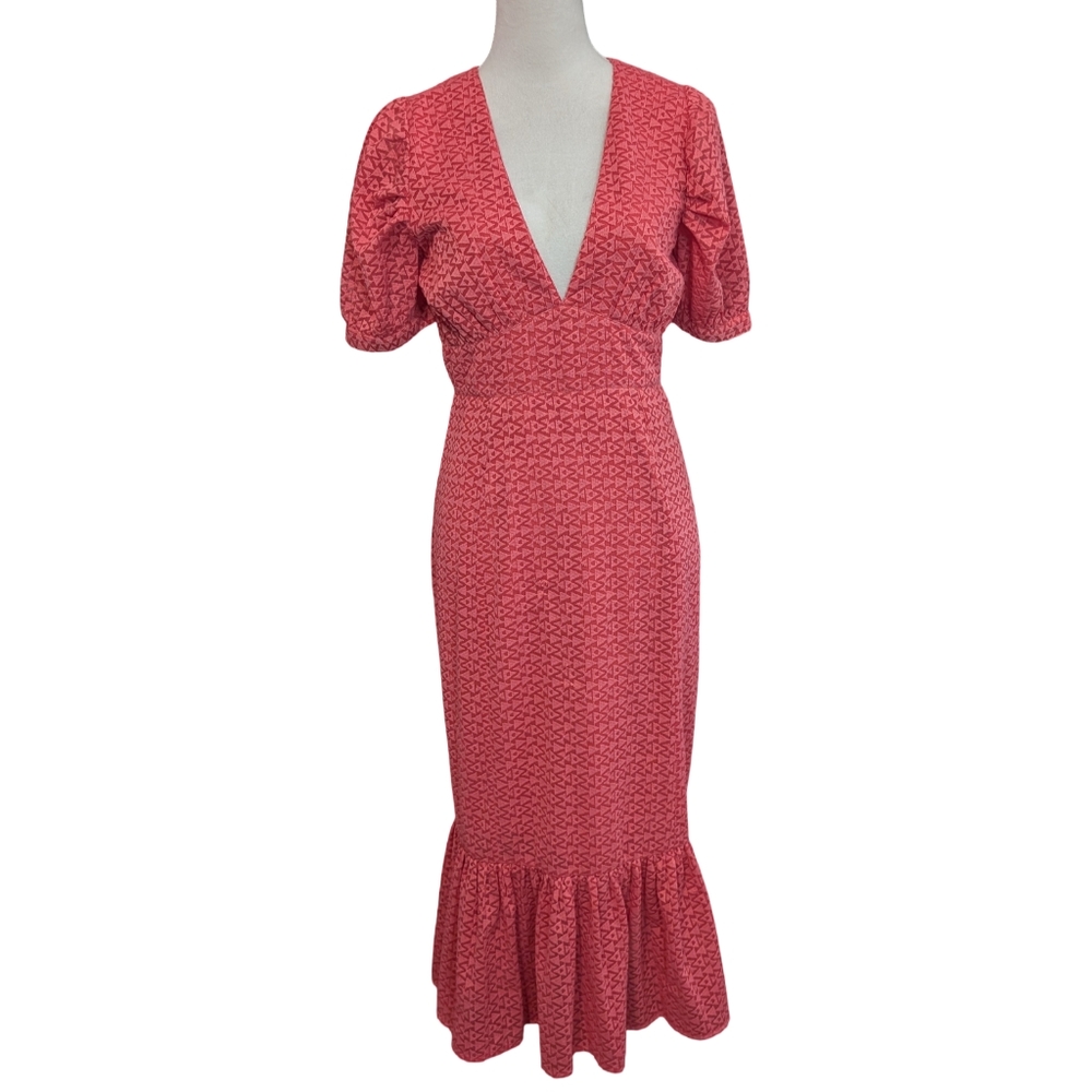 Tularosa Elliot Midi Dress Small Coral Pink V-Neck Textured Print Boho Cocktail